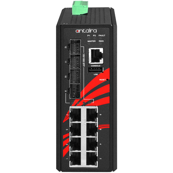 12-Port Industrial Gigabit Managed Ethernet Switch, w/8*10/100/1000Tx + 4*100/1000 SFP