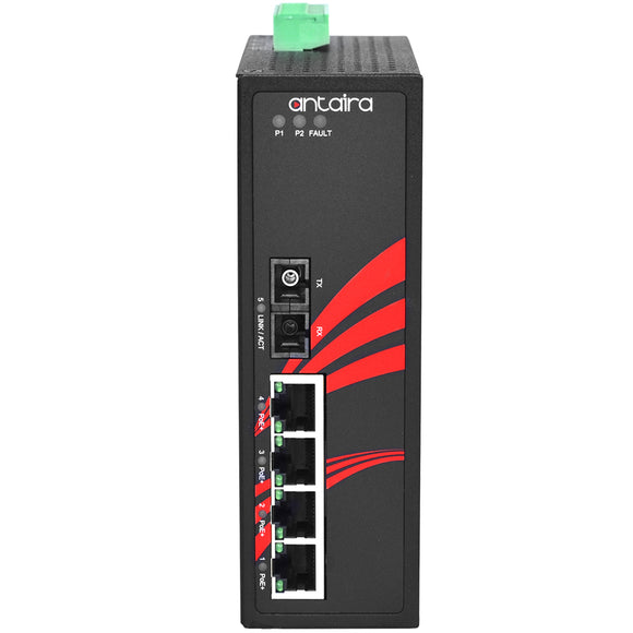 5-Port Industrial PoE+ Unmanaged Ethernet Switch, w/4*10/100Tx (30W/Port) + 1*100Fx Single-mode 30Km, 12VDC-36VDC