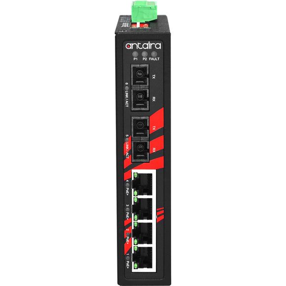 6-Port Industrial PoE+ Unmanaged Ethernet Switch, w/4*10/100Tx (30W/Port), 2*100Fx Multi-mode 2Km,48~55VDC