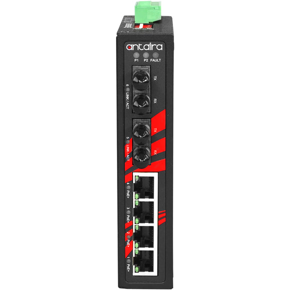 6-Port Industrial PoE+ Unmanaged Ethernet Switch, w/4*10/100Tx (30W/Port), 2*100Fx Single-mode 30Km, ST Connector,48~55VDC