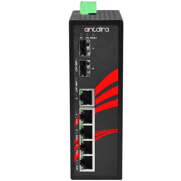 7-Port Industrial PoE+ Gigabit Unmanaged Ethernet Switch, w/4*10/100/1000Tx (30W/Port), 1*10/100/1000Tx, + 2*100/1000 SFP Slot, 12~36VDC