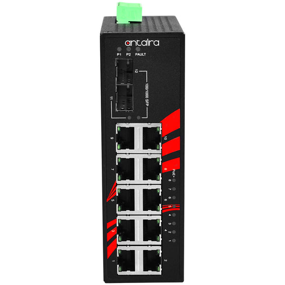 12-Port Industrial PoE+ Gigabit Unmanaged Ethernet Switch, w/ 8*10/100/1000Tx (30W/Port), 2*10/100/1000Tx + 2*100/1000 SFP Slots, 48~55VDC